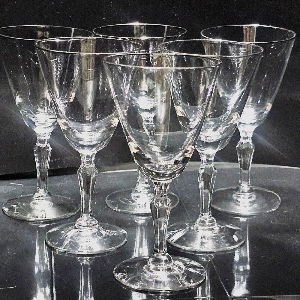 6 Fostoria Engagement Platinum Cocktail Glasses 5.25" vtg silver trim 4oz toasti